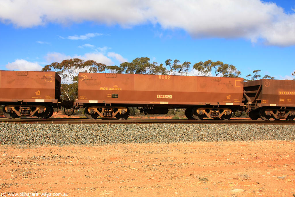 100729 01518
WOE type iron ore waggon WOE 33403 is one of a batch of one hundred and forty one built by United Group Rail WA between November 2005 and April 2006 with serial number 950142-108 and fleet number 8902 for Koolyanobbing iron ore operations with the revised down load of 82.5 tonnes and PORTMAN painted out. Binduli Triangle 29th July 2010.
Keywords: WOE-type;WOE33403;United-Group-Rail-WA;950142-108;