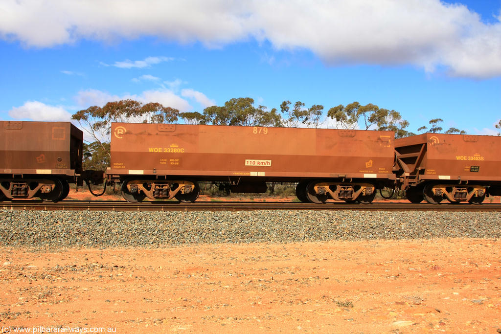 100729 01519
WOE type iron ore waggon WOE 33380 is one of a batch of one hundred and forty one built by United Group Rail WA between November 2005 and April 2006 with serial number 950142-085 and fleet number 879 for Koolyanobbing iron ore operations, with PORTMAN painted out and load revised down to 82.5 tonnes. Binduli Triangle 29th July 2010.
Keywords: WOE-type;WOE33380;United-Group-Rail-WA;950142-085;
