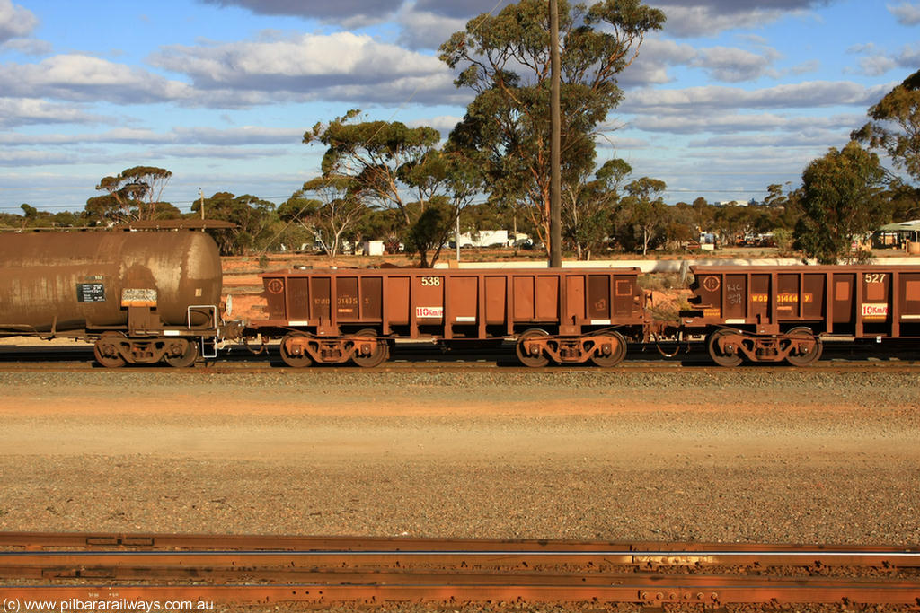 100729 01947
WOD type iron ore waggon WOD 31475 is one of a batch of sixty two built by Goninan WA between April and August 2000 with serial number 950086-047 and fleet number 538 for Koolyanobbing iron ore operations with a 75 ton capacity for Portman Mining to cart their Koolyanobbing iron ore to Esperance, now with PORTMAN painted out, West Kalgoorlie, 29th July 2010.
Keywords: WOD-type;WOD31475;Goninan-WA;950086-047;