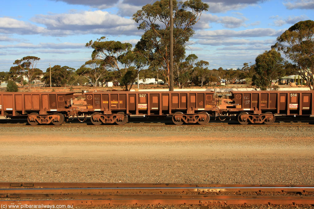 100729 01948
WOD type iron ore waggon WOD 31464 is one of a batch of sixty two built by Goninan WA between April and August 2000 with serial number 950086-036 and fleet number 527 for Koolyanobbing iron ore operations with a 75 ton capacity for Portman Mining to cart their Koolyanobbing iron ore to Esperance, now with PORTMAN painted out, West Kalgoorlie, 29th July 2010.
Keywords: WOD-type;WOD31464;Goninan-WA;950086-036;