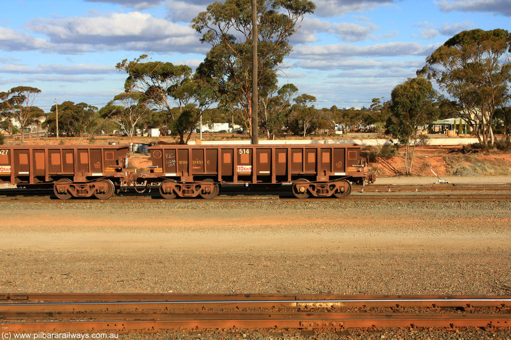 100729 01949
WOD type iron ore waggon WOD 31451 is one of a batch of sixty two built by Goninan WA between April and August 2000 with serial number 950086-023 and fleet number 514 for Koolyanobbing iron ore operations with a 75 ton capacity for Portman Mining to cart their Koolyanobbing iron ore to Esperance, now with PORTMAN painted out, West Kalgoorlie, 29th July 2010.
Keywords: WOD-type;WOD31451;Goninan-WA;950086-023;