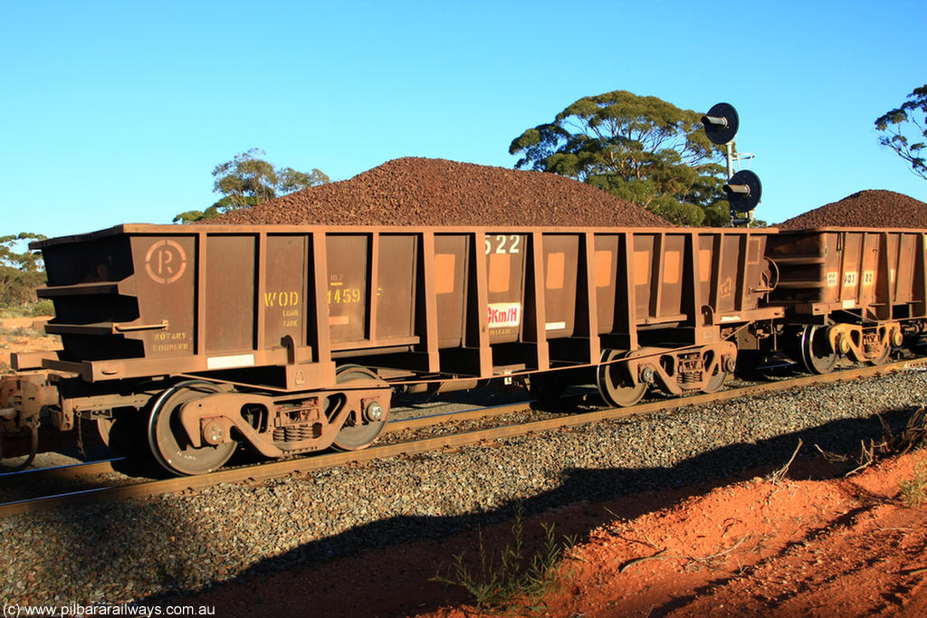100731 02277
WOD type iron ore waggon WOD 31459 is one of a batch of sixty two built by Goninan WA between April and August 2000 with serial number 950086-031 and fleet number 522 for Koolyanobbing iron ore operations with a 75 ton capacity build date 06/2000, for Portman Mining to cart their Koolyanobbing iron ore to Esperance, now with PORTMAN painted out, on loaded train 6413 at Binduli Triangle, 31st July 2010.
Keywords: WOD-type;WOD31459;Goninan-WA;950086-031;