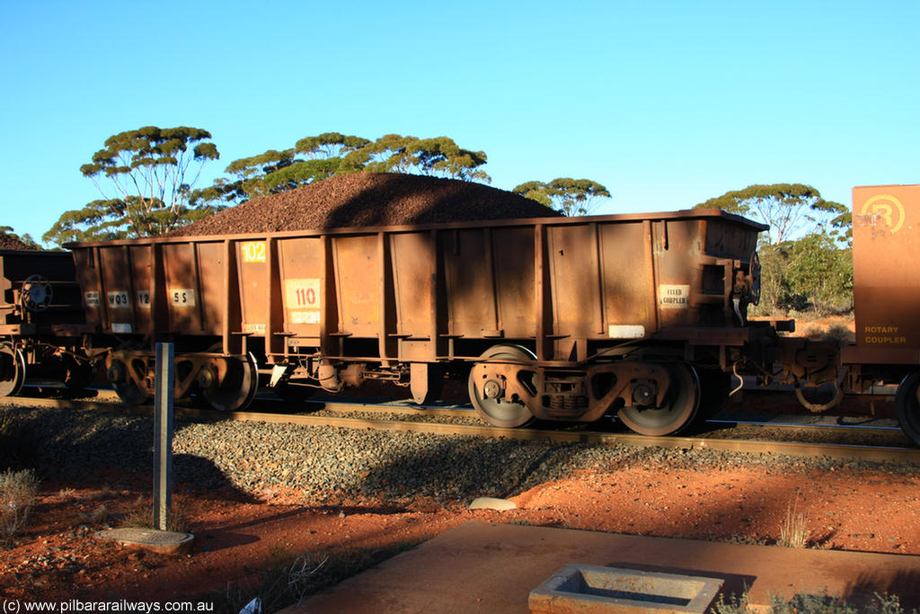 100731 02279
WO type iron ore waggon WO 31205 is one of a batch of eighty six built by WAGR Midland Workshops between 1967 and March 1968 with fleet number 102 for Koolyanobbing iron ore operations, with a 75 ton and 1018 ft.³ capacity, on loaded train 6413 at Binduli Triangle, 31st July 2010. This unit was converted to WOS superphosphate in the late 1980s till 1994 when it was re-classed back to WO.
Keywords: WO-type;WO31205;WAGR-Midland-WS;WOS-type;