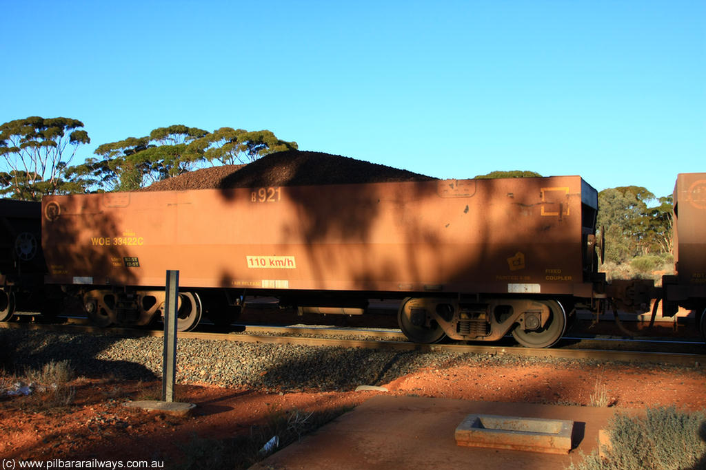 100731 02282
WOE type iron ore waggon WOE 33422 is one of a batch of one hundred and forty one built by United Group Rail WA between November 2005 and April 2006 with serial number 950142-127 and fleet number 8921 for Koolyanobbing iron ore operations, on loaded train 6413 at Binduli Triangle, 31st July 2010.
Keywords: WOE-type;WOE33422;United-Group-Rail-WA;950142-127;