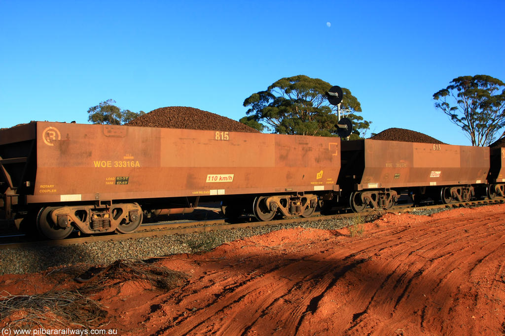 100731 02285
WOE type iron ore waggon WOE 33316 is one of a batch of one hundred and forty one built by United Goninan WA between November 2005 and April 2006 with serial number 950142-021 and fleet number 815 for Koolyanobbing iron ore operations, on loaded train 6413 at Binduli Triangle, 31st July 2010.
Keywords: WOE-type;WOE33316;United-Goninan-WA;950142-021;