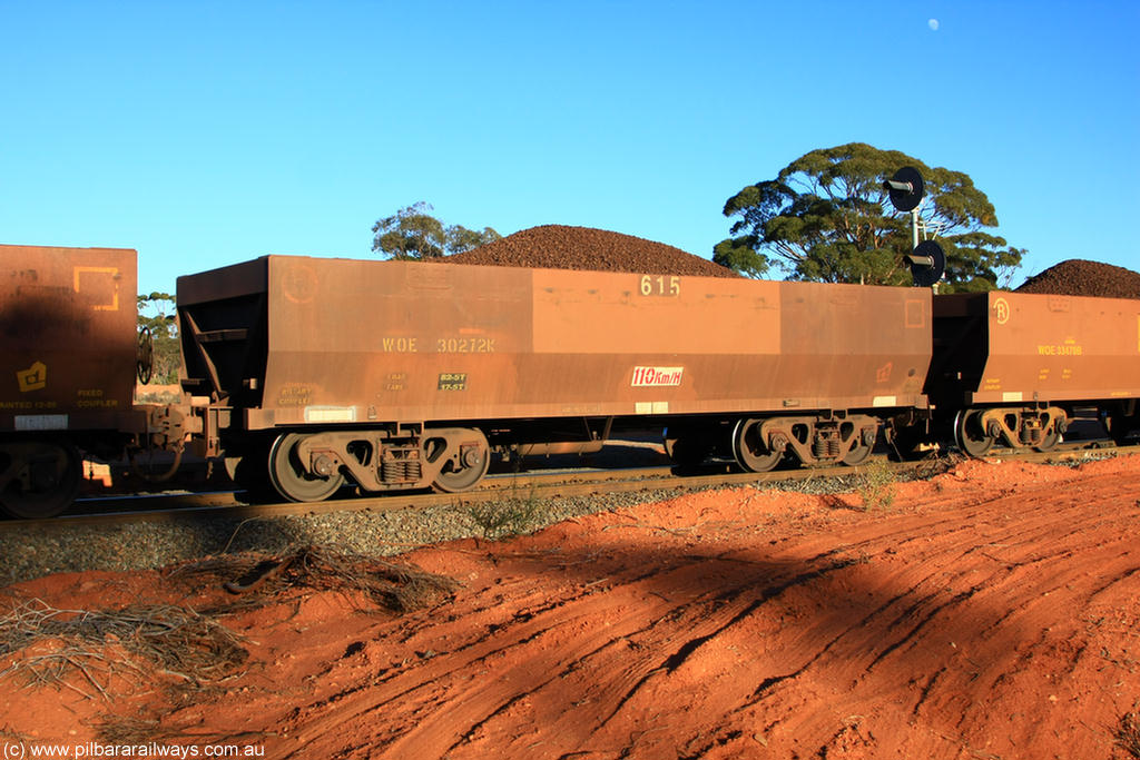 100731 02286
WOE type iron ore waggon WOE 30272 is one of a batch of one hundred and thirty built by Goninan WA between March and August 2001 with serial number 950092-022 and fleet number 615 for Koolyanobbing iron ore operations, on loaded train 6413 at Binduli Triangle, 31st July 2010.
Keywords: WOE-type;WOE30272;Goninan-WA;950092-022;