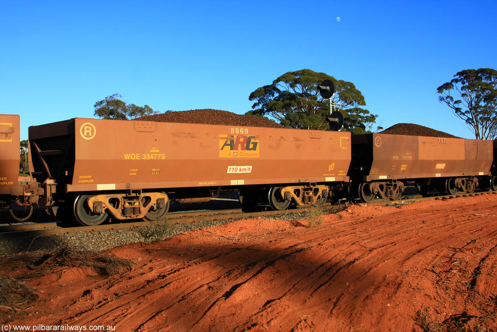100731 02289
WOE type iron ore waggon WOE 33477 is one of a batch of one hundred and twenty eight built by United Group Rail WA between August 2008 and March 2009 with serial number 950211-019 and fleet number 8969 for Koolyanobbing iron ore operations, the 8 being a addition due to fleet size, build date of 09/2008 with a revised load of 82.5 tonnes with an ARG decal applied to the side, on loaded train 6413 at Binduli Triangle, 31st July 2010.
Keywords: WOE-type;WOE33477;United-Group-Rail-WA;950211-019;