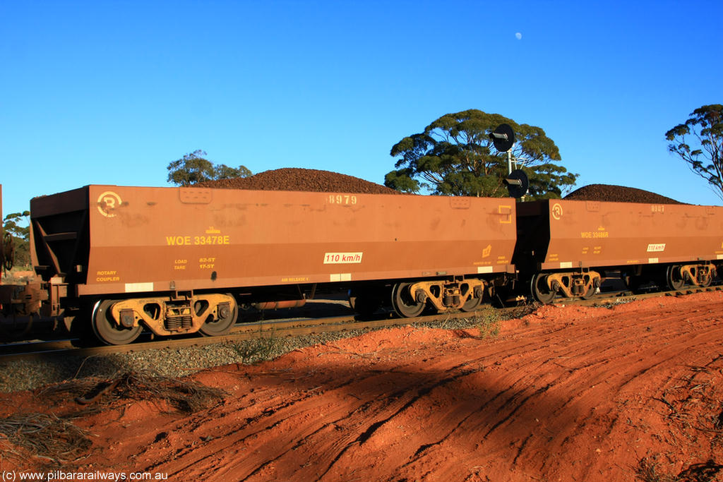100731 02291
WOE type iron ore waggon WOE 33478 is one of a batch of one hundred and twenty eight built by United Group Rail WA between August 2008 and March 2009 with serial number 950211-020 and fleet number 8979 for Koolyanobbing iron ore operations, on loaded train 6413 at Binduli Triangle, 31st July 2010.
Keywords: WOE-type;WOE33478;United-Group-Rail-WA;950211-020;