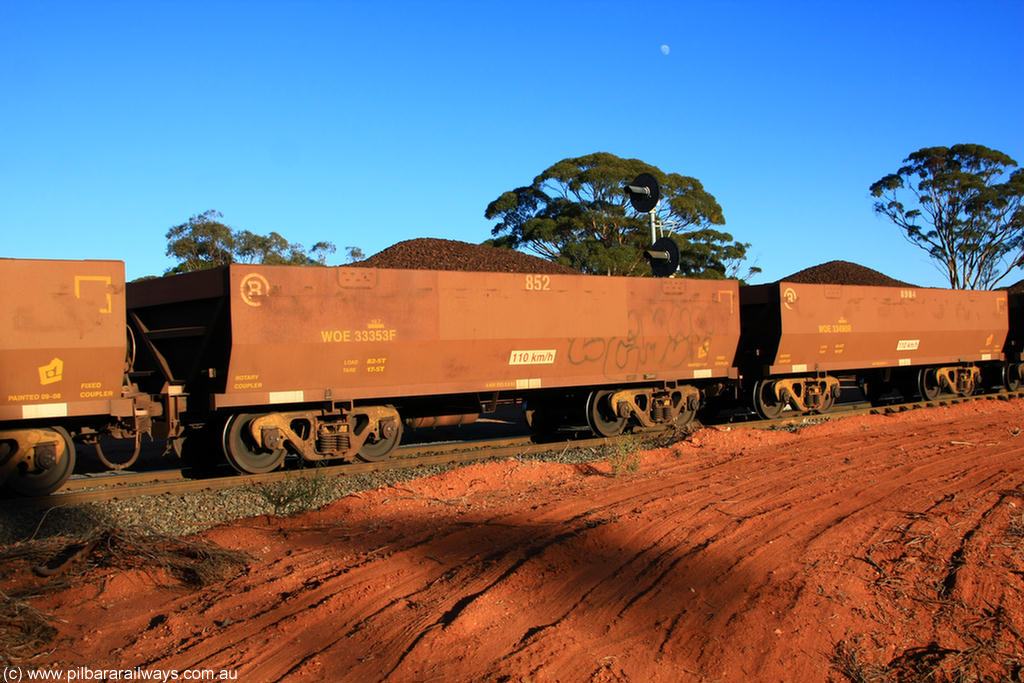 100731 02293
WOE type iron ore waggon WOE 33353 is one of a batch of one hundred and forty one built by United Goninan WA between November 2005 and April 2006 with serial number 950142-058 and fleet number 852 for Koolyanobbing iron ore operations, on loaded train 6413 at Binduli Triangle, 31st July 2010.
Keywords: WOE-type;WOE33353;United-Goninan-WA;950142-058;
