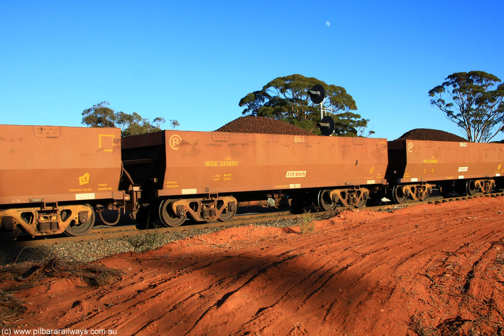 100731 02297
WOE type iron ore waggon WOE 33369 is one of a batch of one hundred and forty one built by United Goninan WA between November 2005 and April 2006 with serial number 950142-074 and fleet number 868 for Koolyanobbing iron ore operations, on loaded train 6413 at Binduli Triangle, 31st July 2010.
Keywords: WOE-type;WOE33369;United-Goninan-WA;950142-074;
