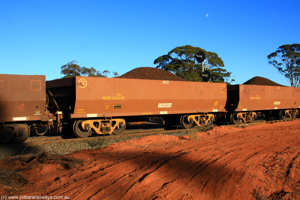 100731 02305
WOE type iron ore waggon WOE 33524 is one of a batch of one hundred and twenty eight built by United Group Rail WA between August 2008 and March 2009 with serial number 950211-064 and fleet number 9022 for Koolyanobbing iron ore operations, on loaded train 6413 at Binduli Triangle, 31st July 2010.
Keywords: WOE-type;WOE33524;United-Group-Rail-WA;950211-064;