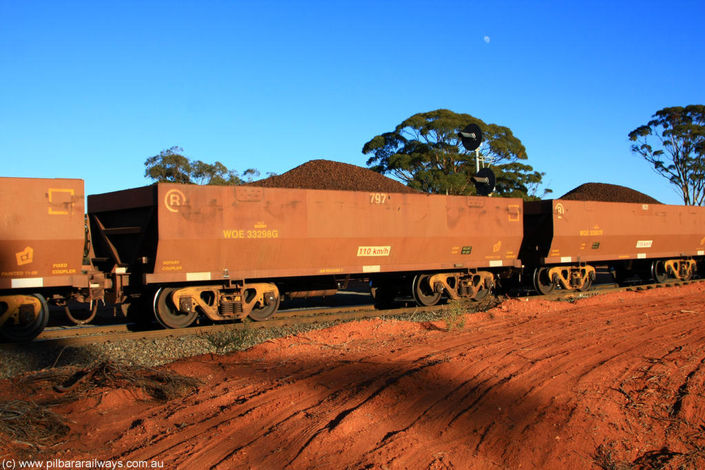 100731 02306
WOE type iron ore waggon WOE 33298 is one of a batch of one hundred and forty one built by United Goninan WA between November 2005 and April 2006 with serial number 950142-003 and fleet number 797 for Koolyanobbing iron ore operations, on loaded train 6413 at Binduli Triangle, 31st July 2010.
Keywords: WOE-type;WOE33298;United-Goninan-WA;950142-003;