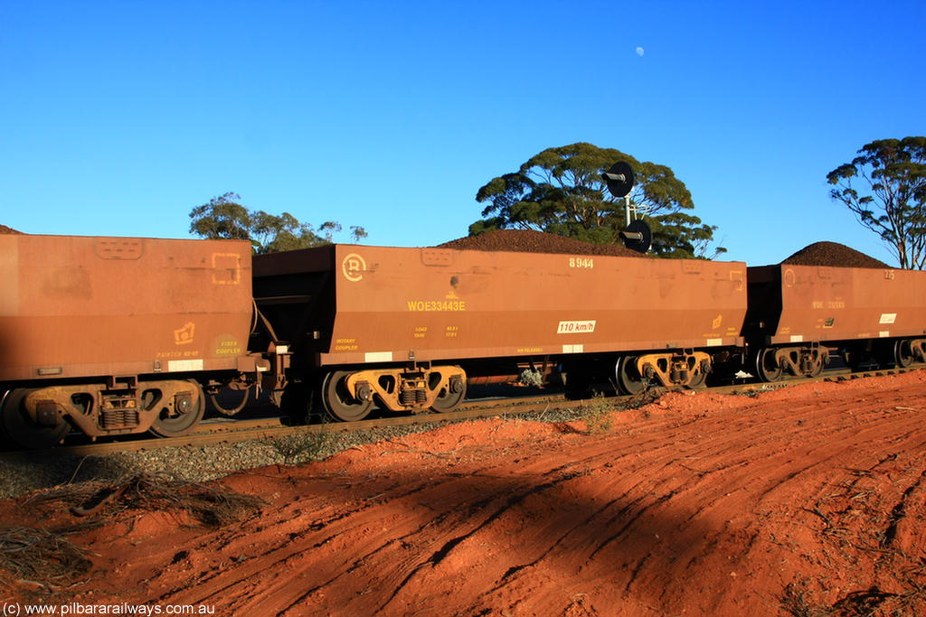 100731 02309
WOE type iron ore waggon WOE 33443 is one of a batch of seventeen built by United Group Rail WA between July and August 2008 with serial number 950209-007 and fleet number 8944 for Koolyanobbing iron ore operations, on loaded train 6413 at Binduli Triangle, 31st July 2010.
Keywords: WOE-type;WOE33443;United-Group-Rail-WA;950209-007;