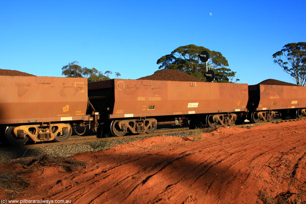 100731 02310
WOE type iron ore waggon WOE 33276 is one of a batch of thirty five built by Goninan WA between January and April 2005 with serial number 950104-016 and fleet number 775 for Koolyanobbing iron ore operations, on loaded train 6413 at Binduli Triangle, 31st July 2010.
Keywords: WOE-type;WOE33276;Goninan-WA;950104-016;