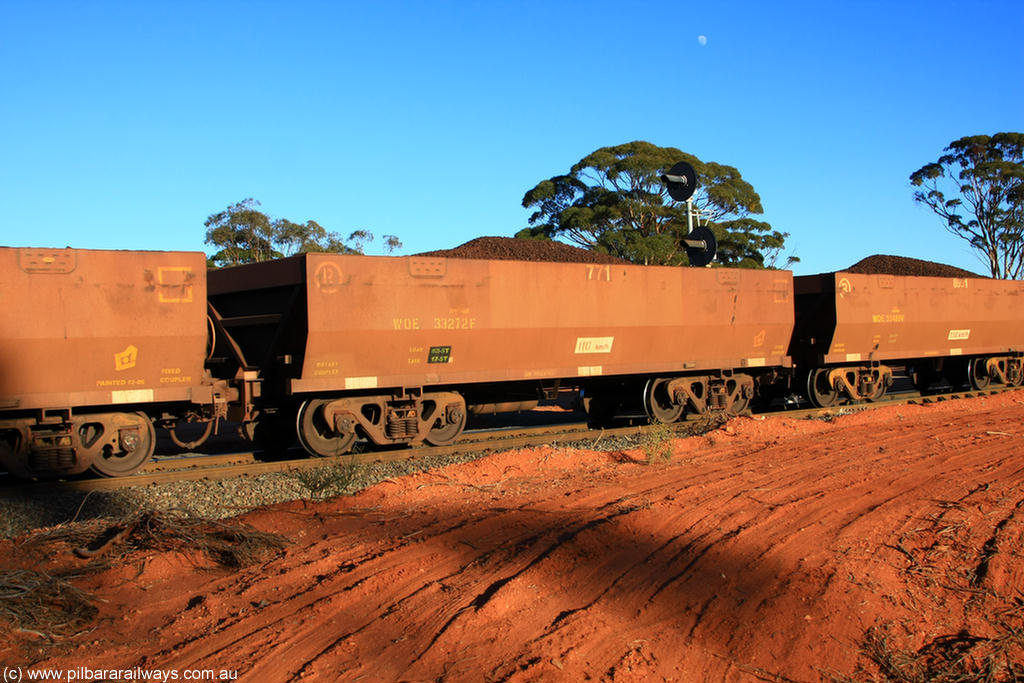 100731 02315
WOE type iron ore waggon WOE 33272 is one of a batch of thirty five built by Goninan WA between January and April 2005 with serial number 950104-012 and fleet number 771 for Koolyanobbing iron ore operations, on loaded train 6413 at Binduli Triangle, 31st July 2010.
Keywords: WOE-type;WOE33272;Goninan-WA;950104-012;