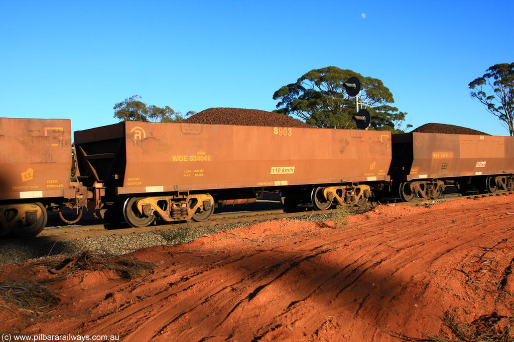 100731 02321
WOE type iron ore waggon WOE 33404 is one of a batch of one hundred and forty one built by United Group Rail WA between November 2005 and April 2006 with serial number 950142-109 and fleet number 8903 for Koolyanobbing iron ore operations, on loaded train 6413 at Binduli Triangle, 31st July 2010.
Keywords: WOE-type;WOE33404;United-Group-Rail-WA;950142-109;