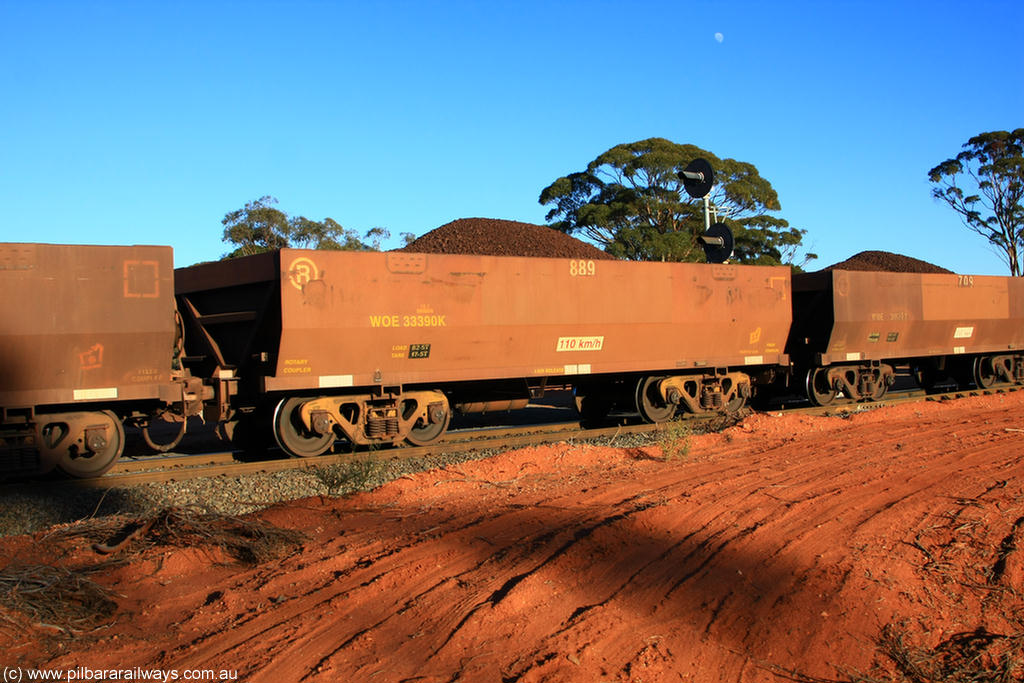 100731 02324
WOE type iron ore waggon WOE 33390 is one of a batch of one hundred and forty one built by United Group Rail WA between November 2005 and April 2006 with serial number 950142-095 and fleet number 889 for Koolyanobbing iron ore operations, on loaded train 6413 at Binduli Triangle, 31st July 2010.
Keywords: WOE-type;WOE33390;United-Group-Rail-WA;950142-095;