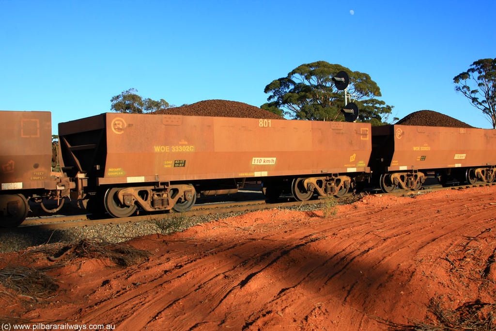 100731 02326
WOE type iron ore waggon WOE 33302 is one of a batch of one hundred and forty one built by United Goninan WA between November 2005 and April 2006 with serial number 950142-007 and fleet number 801 for Koolyanobbing iron ore operations, on loaded train 6413 at Binduli Triangle, 31st July 2010.
Keywords: WOE-type;WOE33302;United-Goninan-WA;950142-007;