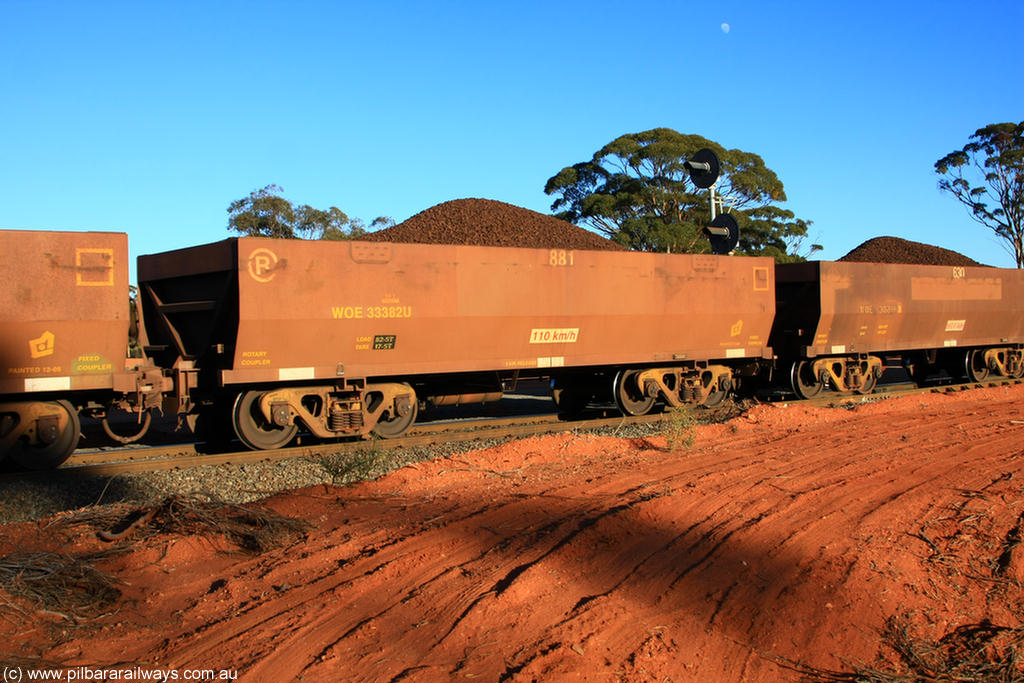 100731 02327
WOE type iron ore waggon WOE 33382 is one of a batch of one hundred and forty one built by United Group Rail WA between November 2005 and April 2006 with serial number 950142-087 and fleet number 881 for Koolyanobbing iron ore operations, on loaded train 6413 at Binduli Triangle, 31st July 2010.
Keywords: WOE-type;WOE33382;United-Group-Rail-WA;950142-087;