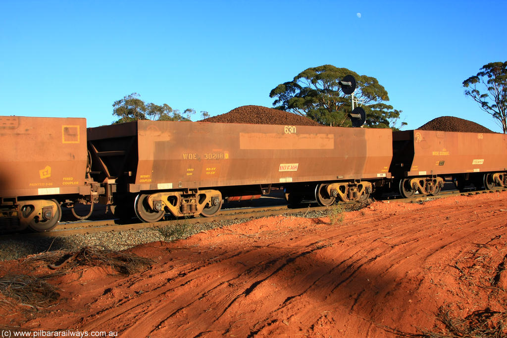 100731 02328
WOE type iron ore waggon WOE 30288 is one of a batch of one hundred and thirty built by Goninan WA between March and August 2001 with serial number 950092-038 and fleet number 630 for Koolyanobbing iron ore operations, on loaded train 6413 at Binduli Triangle, 31st July 2010.
Keywords: WOE-type;WOE30288;Goninan-WA;950092-038;