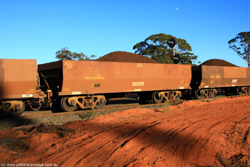 100731 02329
WOE type iron ore waggon WOE 33386 is one of a batch of one hundred and forty one built by United Group Rail WA between November 2005 and April 2006 with serial number 950142-091 and fleet number 885 for Koolyanobbing iron ore operations, on loaded train 6413 at Binduli Triangle, 31st July 2010.
Keywords: WOE-type;WOE33386;United-Group-Rail-WA;950142-091;