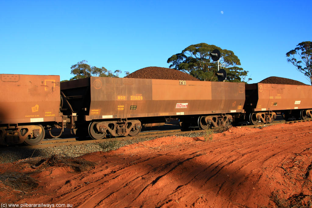 100731 02330
WOE type iron ore waggon WOE 31148 is one of a batch of fifteen built by Goninan WA between April and May 2002 with fleet number 730 for Koolyanobbing iron ore operations, on loaded train 6413 at Binduli Triangle, 31st July 2010.
Keywords: WOE-type;WOE31148;Goninan-WA;
