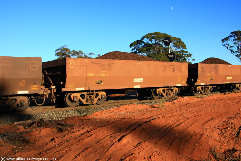 100731 02331
WOE type iron ore waggon WOE 33332 is one of a batch of one hundred and forty one built by United Goninan WA between November 2005 and April 2006 with serial number 950142-037 and fleet number 831 for Koolyanobbing iron ore operations, on loaded train 6413 at Binduli Triangle, 31st July 2010.
Keywords: WOE-type;WOE33332;United-Goninan-WA;950142-037;