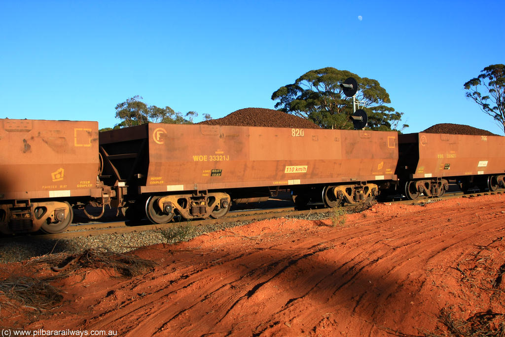 100731 02332
WOE type iron ore waggon WOE 33321 is one of a batch of one hundred and forty one built by United Goninan WA between November 2005 and April 2006 with serial number 950142-026 and fleet number 820 for Koolyanobbing iron ore operations, on loaded train 6413 at Binduli Triangle, 31st July 2010.
Keywords: WOE-type;WOE33321;United-Goninan-WA;950142-026;