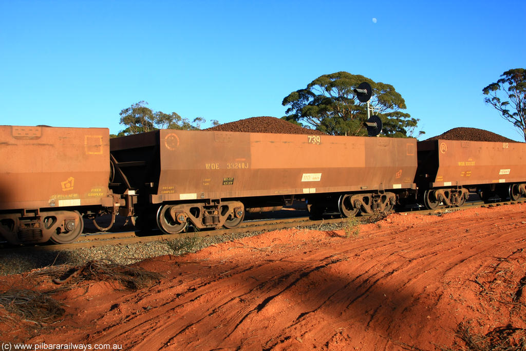 100731 02334
WOE type iron ore waggon WOE 33240 is one of a batch of twenty seven built by Goninan WA between September and October 2002 with serial number 950103-007 and fleet number 739 for Koolyanobbing iron ore operations, on loaded train 6413 at Binduli Triangle, 31st July 2010.
Keywords: WOE-type;WOE33240;Goninan-WA;950103-007;
