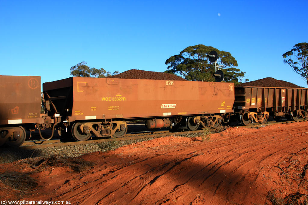 100731 02341
WOE type iron ore waggon WOE 33327 is one of a batch of one hundred and forty one built by United Goninan WA between November 2005 and April 2006 with serial number 950142-032 and fleet number 826 for Koolyanobbing iron ore operations, on loaded train 6413 at Binduli Triangle, 31st July 2010.
Keywords: WOE-type;WOE33327;United-Goninan-WA;950142-032;