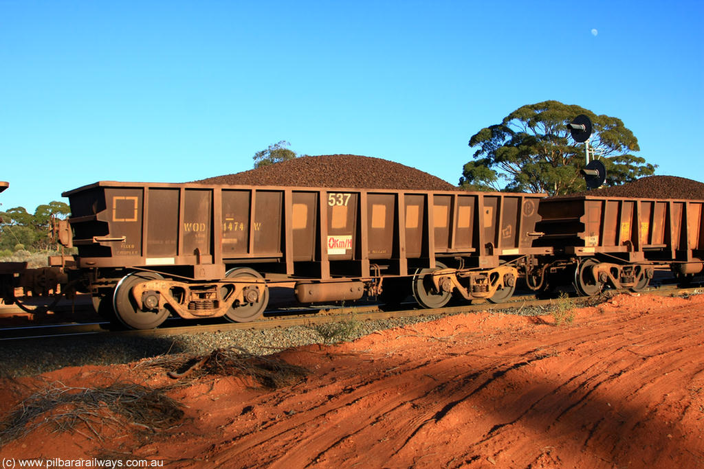 100731 02361
WOD type iron ore waggon WOD 31474 is one of a batch of sixty two built by Goninan WA between April and August 2000 with serial number 950086-046 and fleet number 537 for Koolyanobbing iron ore operations with a 75 ton capacity for Portman Mining to cart their Koolyanobbing iron ore to Esperance, now with PORTMAN painted out, on loaded train 6413 at Binduli Triangle, 31st July 2010.
Keywords: WOD-type;WOD31474;Goninan-WA;950086-046;