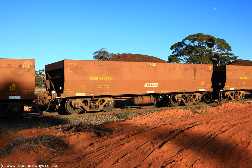 100731 02365
WOE type iron ore waggon WOE 33297 is one of a batch of one hundred and forty one built by United Goninan WA between November 2005 and April 2006 with serial number 950142-002 and fleet number 796 for Koolyanobbing iron ore operations, on loaded train 6413 at Binduli Triangle, 31st July 2010.
Keywords: WOE-type;WOE33297;United-Goninan-WA;950142-002;