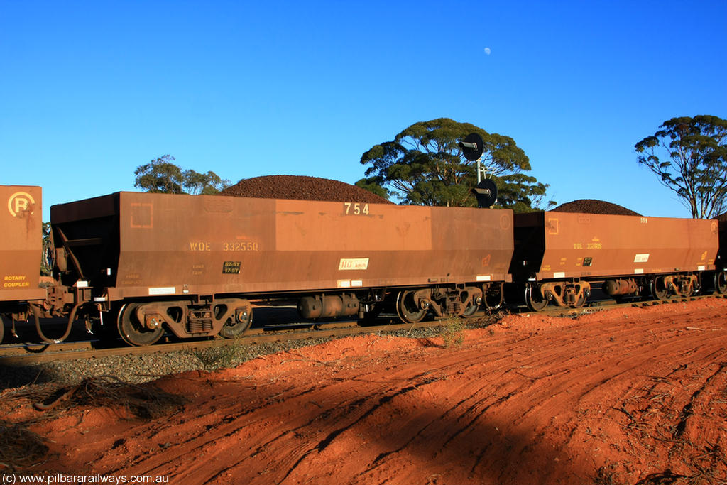 100731 02367
WOE type iron ore waggon WOE 33255 is one of a batch of twenty seven built by Goninan WA between September and October 2002 with serial number 950103-022 and fleet number 754 for Koolyanobbing iron ore operations, on loaded train 6413 at Binduli Triangle, 31st July 2010.
Keywords: WOE-type;WOE33255;Goninan-WA;950103-022;
