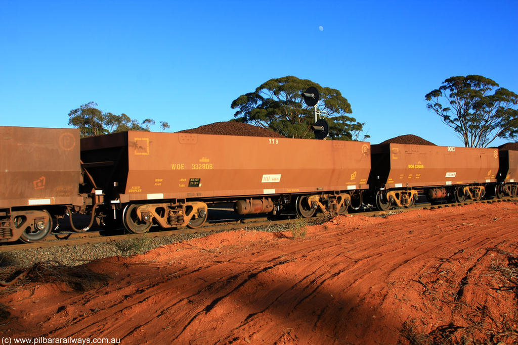 100731 02368
WOE type iron ore waggon WOE 33280 is one of a batch of thirty five built by United Goninan WA between January and April 2005 with serial number 950104-020 and fleet number 779 for Koolyanobbing iron ore operations, on loaded train 6413 at Binduli Triangle, 31st July 2010.
Keywords: WOE-type;WOE33280;United-Goninan-WA;950104-020;