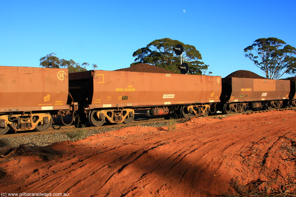 100731 02374
WOE type iron ore waggon WOE 33532 is one of a batch of one hundred and twenty eight built by United Group Rail WA between August 2008 and March 2009 with serial number 950211-072 and fleet number 9025 for Koolyanobbing iron ore operations, on loaded train 6413 at Binduli Triangle, 31st July 2010.
Keywords: WOE-type;WOE33532;United-Group-Rail-WA;950211-072;
