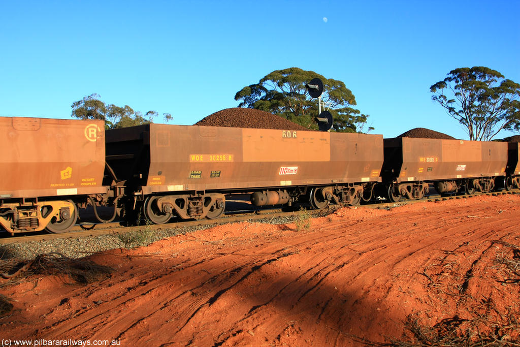 100731 02375
WOE type iron ore waggon WOE 30256 is one of a batch of one hundred and thirty built by Goninan WA between March and August 2001 with serial number 950092-006 and fleet number 606 for Koolyanobbing iron ore operations, on loaded train 6413 at Binduli Triangle, 31st July 2010.
Keywords: WOE-type;WOE30256;Goninan-WA;950092-006;
