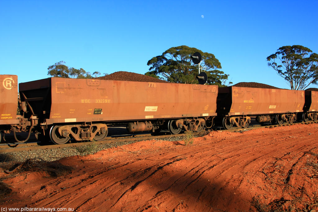 100731 02380
WOE type iron ore waggon WOE 33279 is one of a batch of thirty five built by Goninan WA between January and April 2005 with serial number 950104-019 and fleet number 778 for Koolyanobbing iron ore operations, on loaded train 6413 at Binduli Triangle, 31st July 2010.
Keywords: WOE-type;WOE33279;Goninan-WA;950104-019;