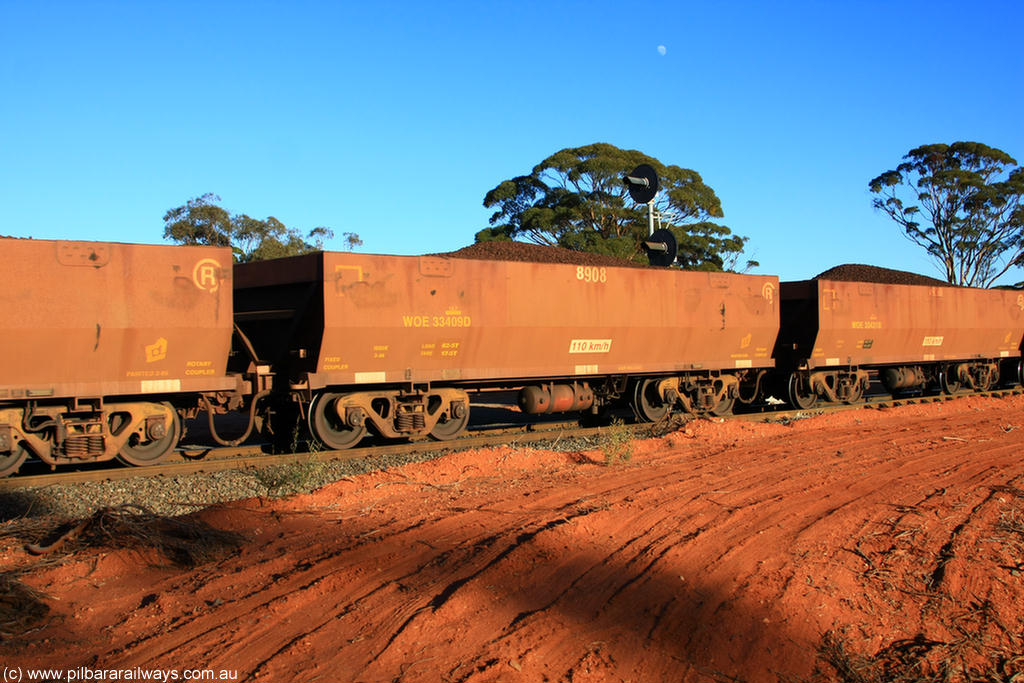 100731 02382
WOE type iron ore waggon WOE 33409 is one of a batch of one hundred and forty one built by United Group Rail WA between November 2005 and April 2006 with serial number 950142-114 and fleet number 8908 for Koolyanobbing iron ore operations, on loaded train 6413 at Binduli Triangle, 31st July 2010.
Keywords: WOE-type;WOE33409;United-Group-Rail-WA;950142-114;