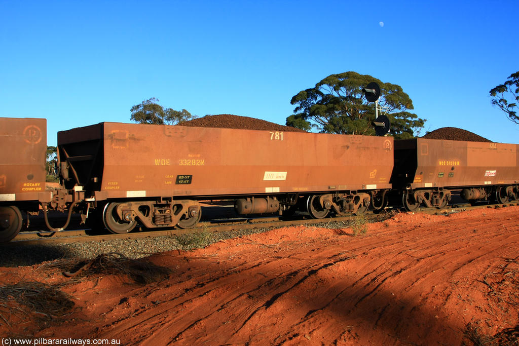 100731 02391
WOE type iron ore waggon WOE 33282 is one of a batch of thirty five built by United Goninan WA between January and April 2005 with serial number 950104-022 and fleet number 781 for Koolyanobbing iron ore operations, on loaded train 6413 at Binduli Triangle, 31st July 2010.
Keywords: WOE-type;WOE33282;United-Goninan-WA;950104-022;