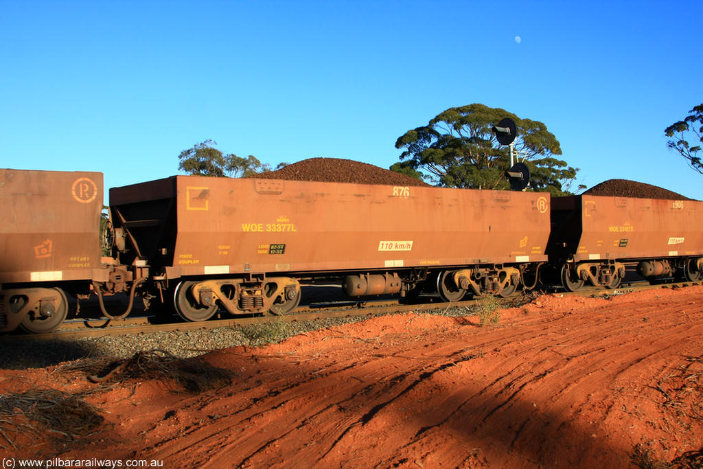 100731 02394
WOE type iron ore waggon WOE 33377 is one of a batch of one hundred and forty one built by United Goninan WA between November 2005 and April 2006 with serial number 950142-082 and fleet number 876 for Koolyanobbing iron ore operations, on loaded train 6413 at Binduli Triangle, 31st July 2010.
Keywords: WOE-type;WOE33377;United-Goninan-WA;950142-082;