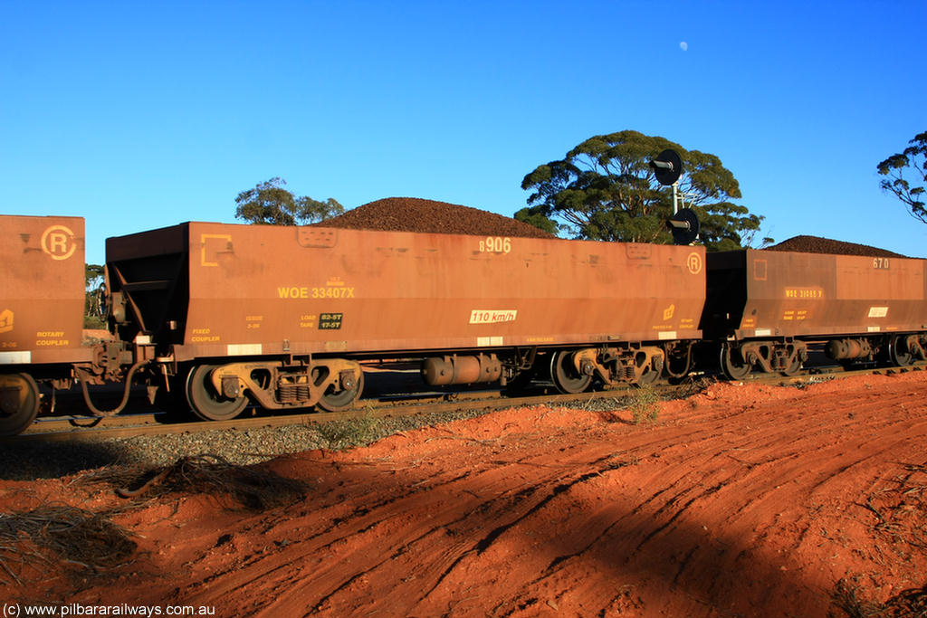 100731 02395
WOE type iron ore waggon WOE 33407 is one of a batch of one hundred and forty one built by United Group Rail WA between November 2005 and April 2006 with serial number 950142-112 and fleet number 8906 for Koolyanobbing iron ore operations, on loaded train 6413 at Binduli Triangle, 31st July 2010.
Keywords: WOE-type;WOE33407;United-Group-Rail-WA;950142-112;