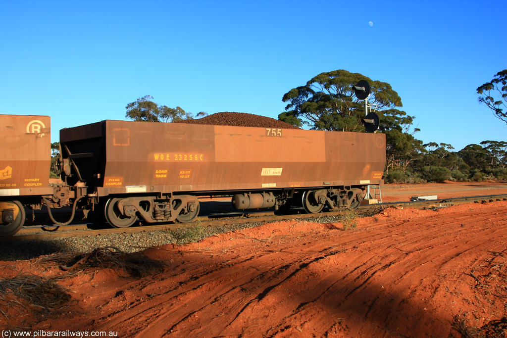 100731 02399
WOE type iron ore waggon WOE 33256 is one of a batch of twenty seven built by Goninan WA between September and October 2002 with serial number 950103-023 and fleet number 755 for Koolyanobbing iron ore operations, on loaded train 6413 at Binduli Triangle, 31st July 2010.
Keywords: WOE-type;WOE33256;Goninan-WA;950103-023;