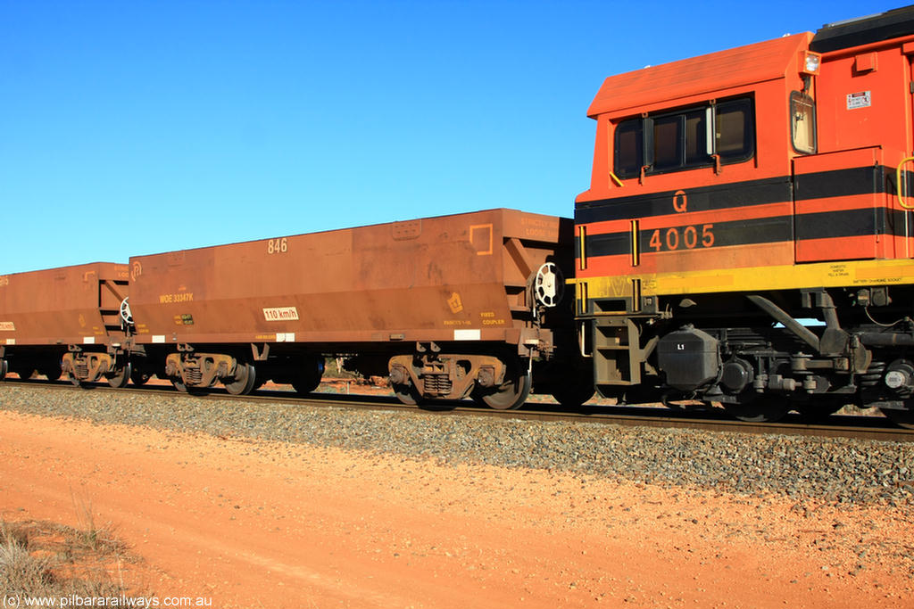 100731 02414
WOE type iron ore waggon WOE 33347 is one of a batch of one hundred and forty one built by United Goninan WA between November 2005 and April 2006 with serial number 950142-052 and fleet number 846 for Koolyanobbing iron ore operations, on empty train 6418 at Binduli Triangle, 31st July 2010.
Keywords: WOE-type;WOE33347;United-Goninan-WA;950142-052;