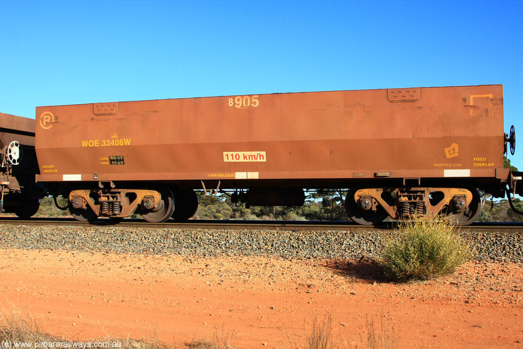 100731 02415
WOE type iron ore waggon WOE 33406 is one of a batch of one hundred and forty one built by United Group Rail WA between November 2005 and April 2006 with serial number 950142-111 and fleet number 8905 for Koolyanobbing iron ore operations, on empty train 6418 at Binduli Triangle, 31st July 2010.
Keywords: WOE-type;WOE33406;United-Group-Rail-WA;950142-111;