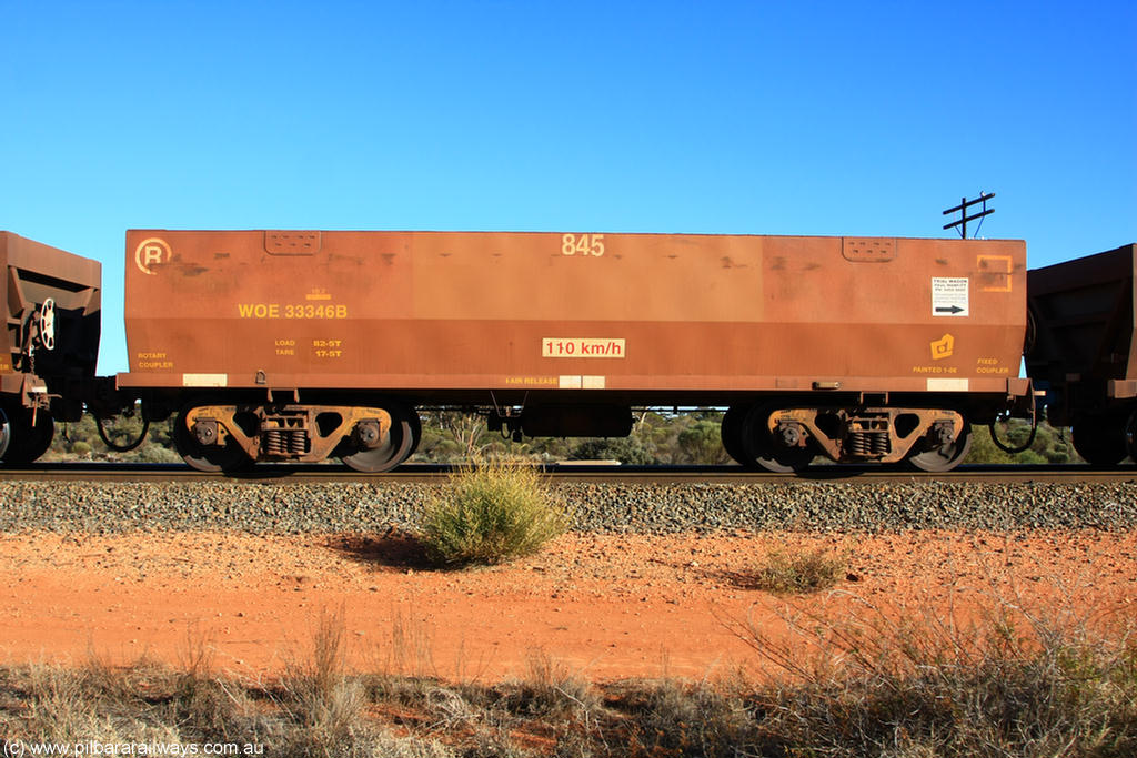 100731 02417
WOE type iron ore waggon WOE 33346 is one of a batch of one hundred and forty one built by United Goninan WA between November 2005 and April 2006 with serial number 950142-051 and fleet number 845 for Koolyanobbing iron ore operations Trial waggon, on empty train 6418 at Binduli Triangle, 31st July 2010.
Keywords: WOE-type;WOE33346;United-Goninan-WA;950142-051;