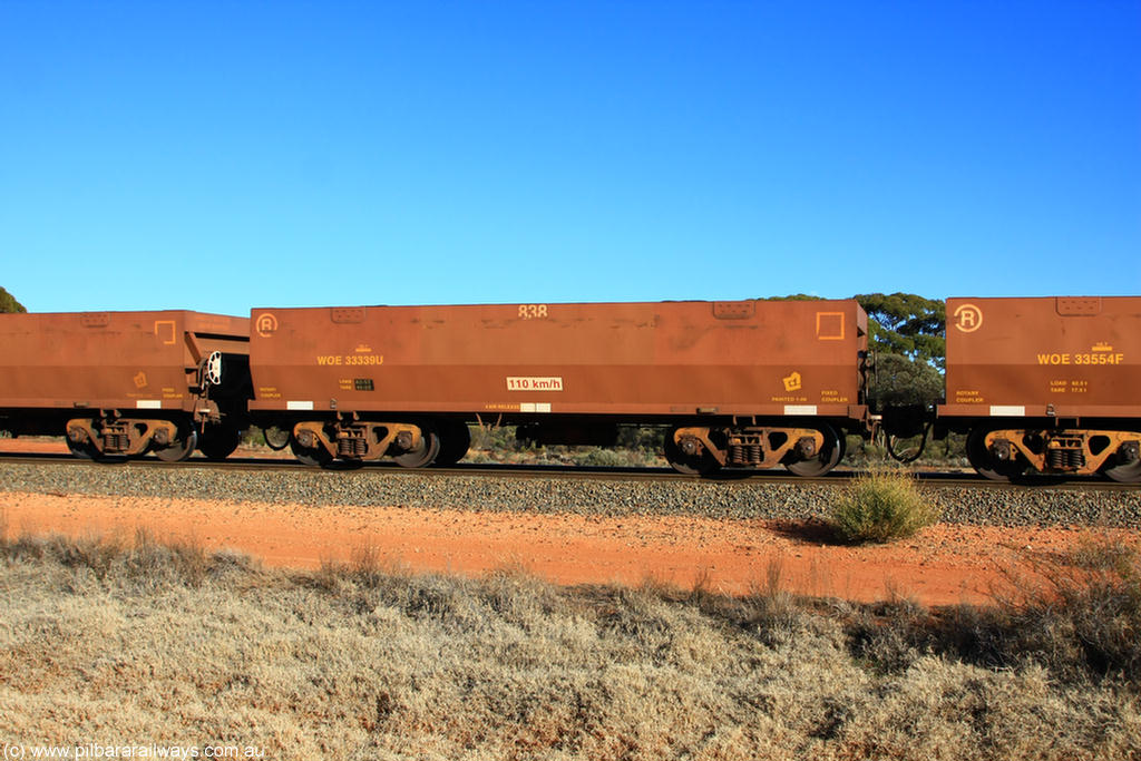 100731 02429
WOE type iron ore waggon WOE 33339 is one of a batch of one hundred and forty one built by United Goninan WA between November 2005 and April 2006 with serial number 950142-044 and fleet number 838 for Koolyanobbing iron ore operations, on empty train 6418 at Binduli Triangle, 31st July 2010.
Keywords: WOE-type;WOE33339;United-Goninan-WA;950142-044;