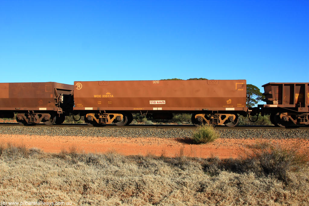 100731 02441
WOE type iron ore waggon WOE 33517 is one of a batch of one hundred and twenty eight built by United Group Rail WA between August 2008 and March 2009 with serial number 950211-057 and fleet number 9010 for Koolyanobbing iron ore operations, on empty train 6418 at Binduli Triangle, 31st July 2010.
Keywords: WOE-type;WOE33517;United-Group-Rail-WA;950211-057;
