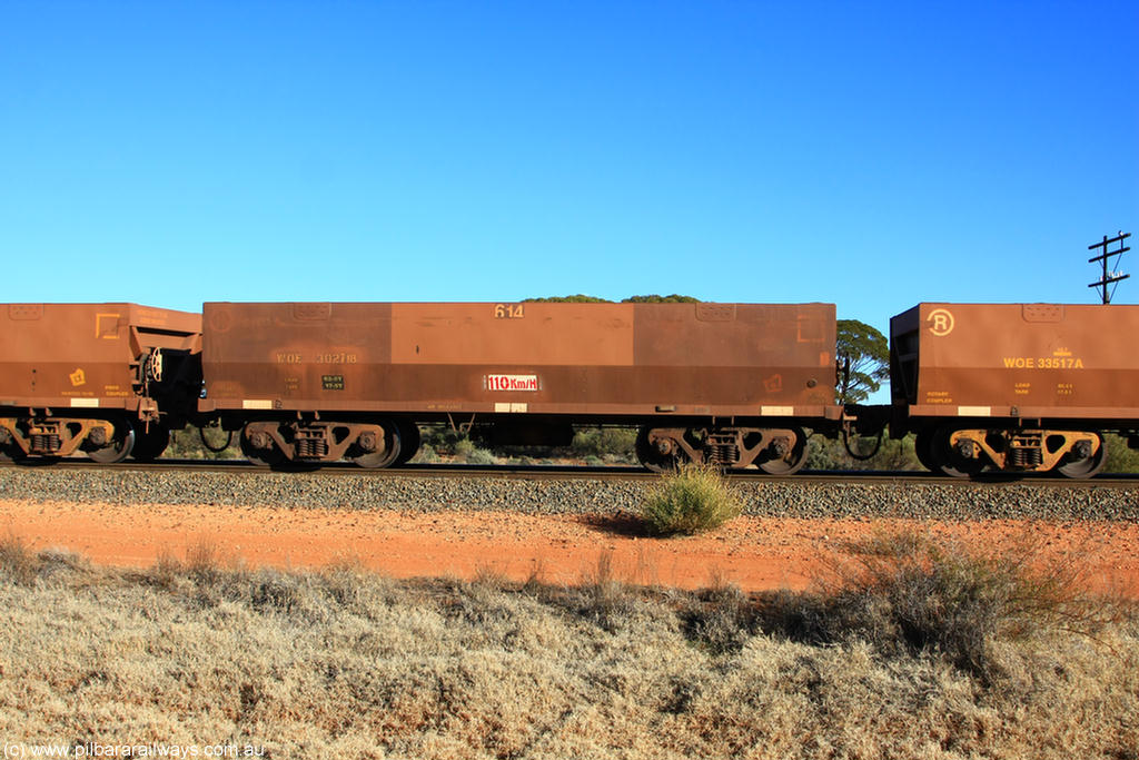 100731 02442
WOE type iron ore waggon WOE 30271 is one of a batch of one hundred and thirty built by Goninan WA between March and August 2001 with serial number 950092-021 and fleet number 614 for Koolyanobbing iron ore operations, on empty train 6418 at Binduli Triangle, 31st July 2010.
Keywords: WOE-type;WOE30271;Goninan-WA;950092-021;