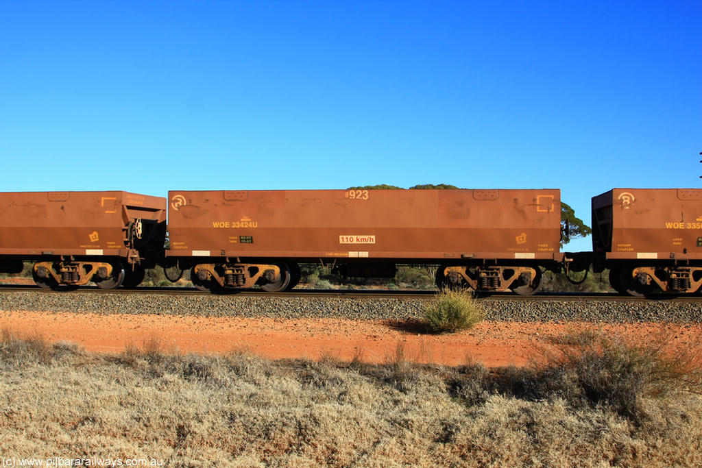 100731 02444
WOE type iron ore waggon WOE 33424 is one of a batch of one hundred and forty one built by United Group Rail WA between November 2005 and April 2006 with serial number 950142-129 and fleet number 8923 for Koolyanobbing iron ore operations, on empty train 6418 at Binduli Triangle, 31st July 2010.
Keywords: WOE-type;WOE33424;United-Group-Rail-WA;950142-129;