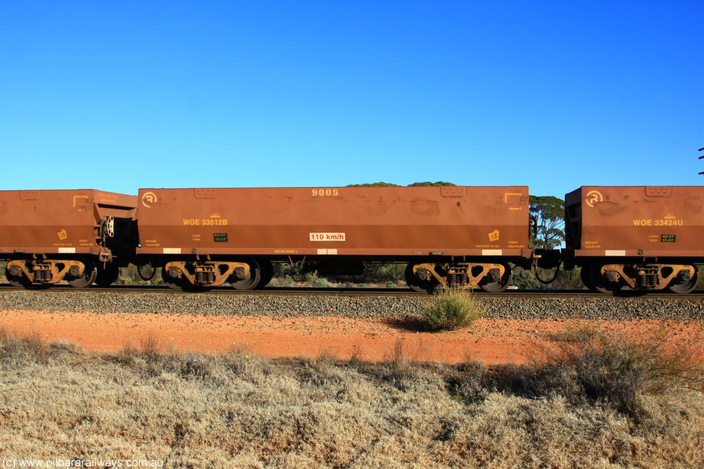 100731 02445
WOE type iron ore waggon WOE 33512 is one of a batch of one hundred and twenty eight built by United Group Rail WA between August 2008 and March 2009 with serial number 950211-052 and fleet number 9005 for Koolyanobbing iron ore operations, on empty train 6418 at Binduli Triangle, 31st July 2010.
Keywords: WOE-type;WOE33512;United-Group-Rail-WA;950211-052;